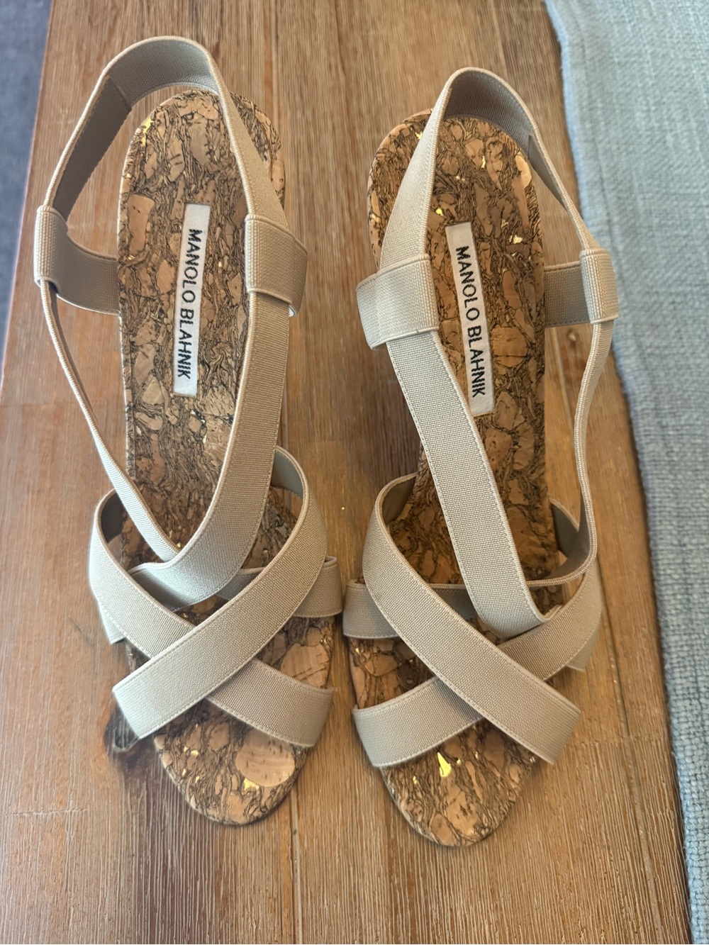 Manolo Blahnik Beige Elastic Cork-Trim Slingback Sandals